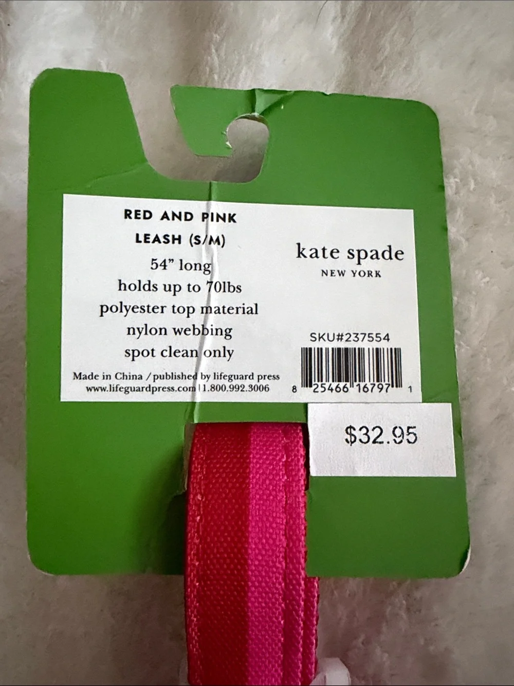 Kate Spade NWT Hot Pink & Red Striped Dog Leash with Gold-tone Hardware, 54”